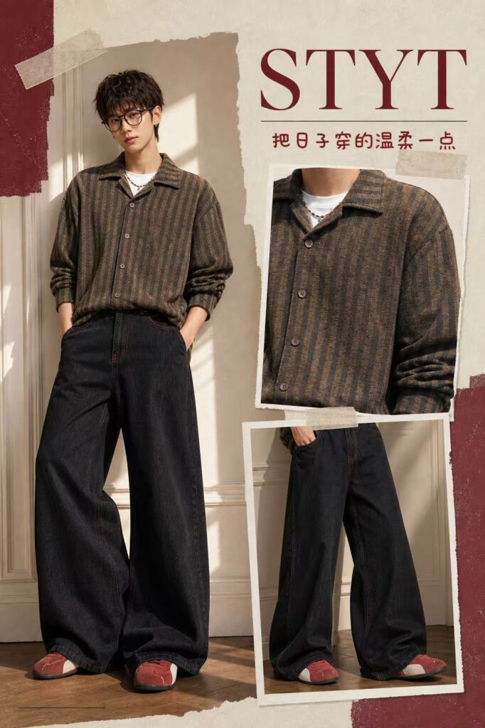 條紋襯衫穿搭 × 黑色寬腿牛仔褲海報