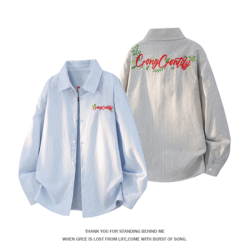大尺碼美式刺繡條紋襯衫(XL–5XL寬鬆長袖襯衣)