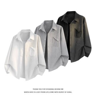 大尺碼條紋拼接襯衫(XL–5XL寬鬆長袖襯衣)