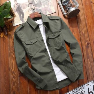 大尺碼港風軍裝工裝襯衫(XL–6XL寬鬆外穿長袖上衣)