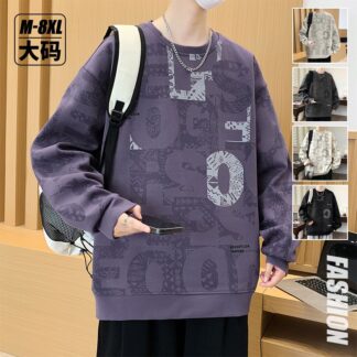 大尺碼滿印迷彩圓領衛衣(XL–8XL潮流拼接長袖上衣)