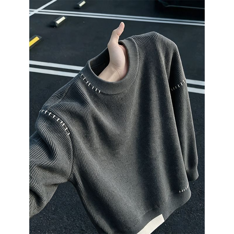 大尺碼撞色拼接刺繡毛衣(XL–5XL美式針織衫)