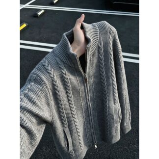 大尺碼復古立領麥穗紋開衫毛衣外套(XL–3XL)