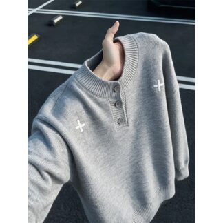 大尺碼美式亨利領十字刺繡針織毛衣（XL–5XL）