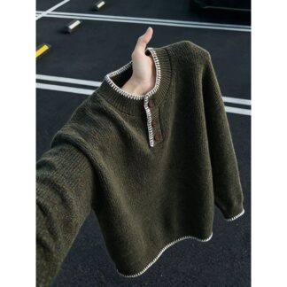 美式亨利領刺繡寬鬆針織毛衣