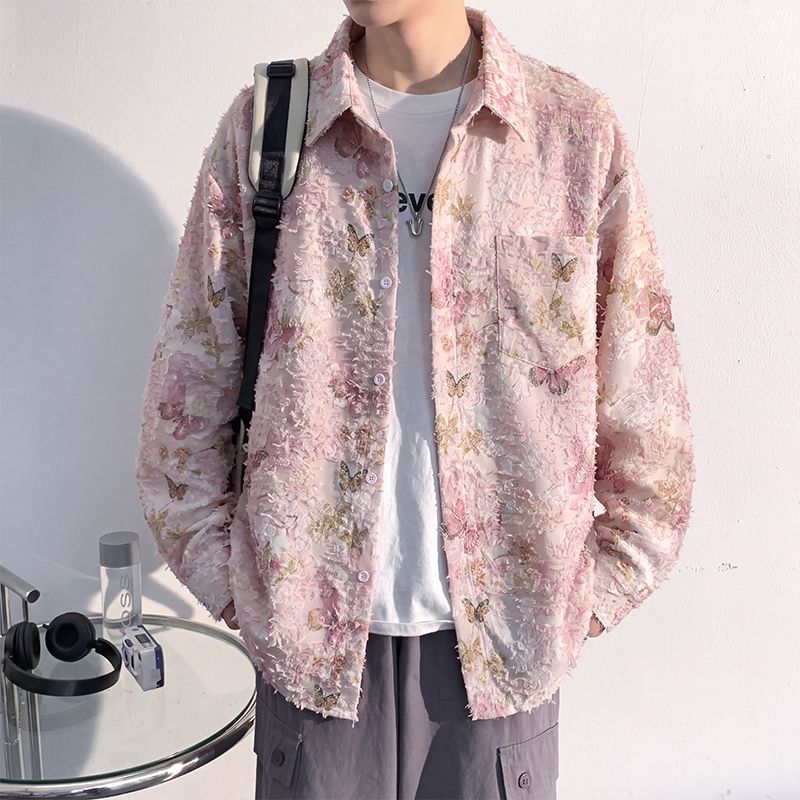 流蘇蝴蝶印花寬鬆長袖襯衫