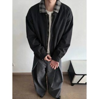 老錢風拼接假兩件翻領格紋夾克
