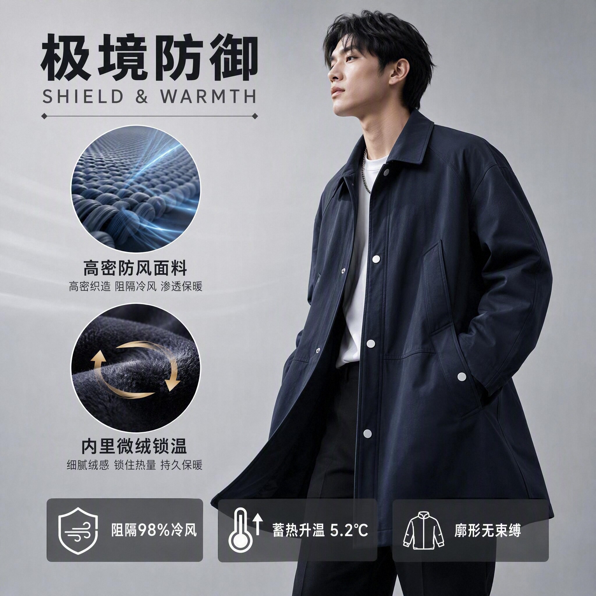 大尺碼中長款風衣外套,防風翻領通勤穿搭